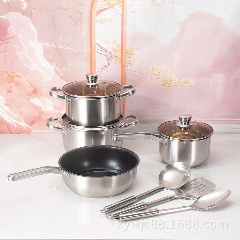 Cross-border Cookware Stainless Steel Pot Set POTS Milk Pot Soup Pot Frying Pan Non-Stick Cookware 7-Piece 10-Piece