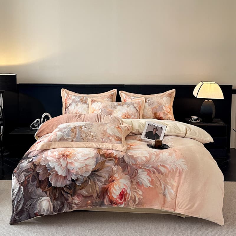 Cross-border Amazon large version floral digital printing milk velvet skin-friendly warm velvet bed sheets four-piece set manufacturer wholesale