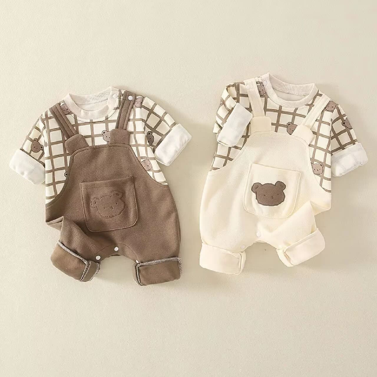 Yilala Baby Spring/Autumn Striped Thin Long-Sleeve Bodysuit Cartoon Suspenders Fake Two-Piece Romper Crawling Suit