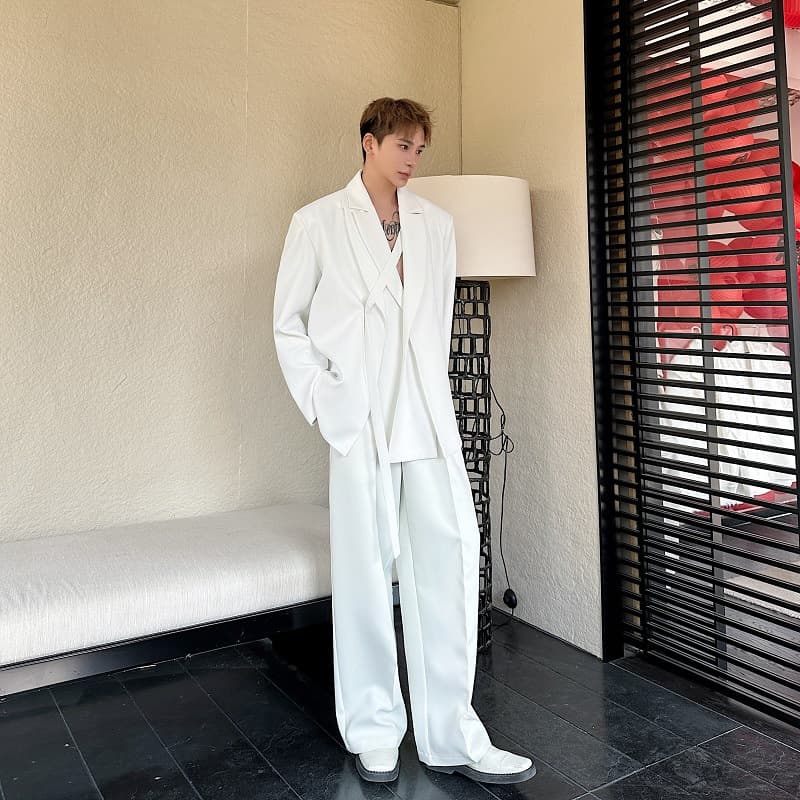 Spring New Casual Men's Suit Set Two-Piece Wide Leg Straight Leg Pants Double Collar Tie Design Comfortable Fashionable