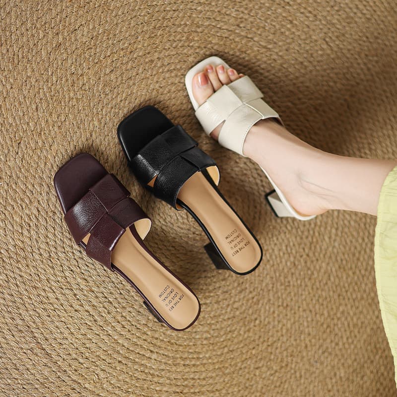 Summer New Women's Chunky Heel Sandals, European and American Simple Classic One-Strap Korean Style Open Toe Mom Fashion Sandals