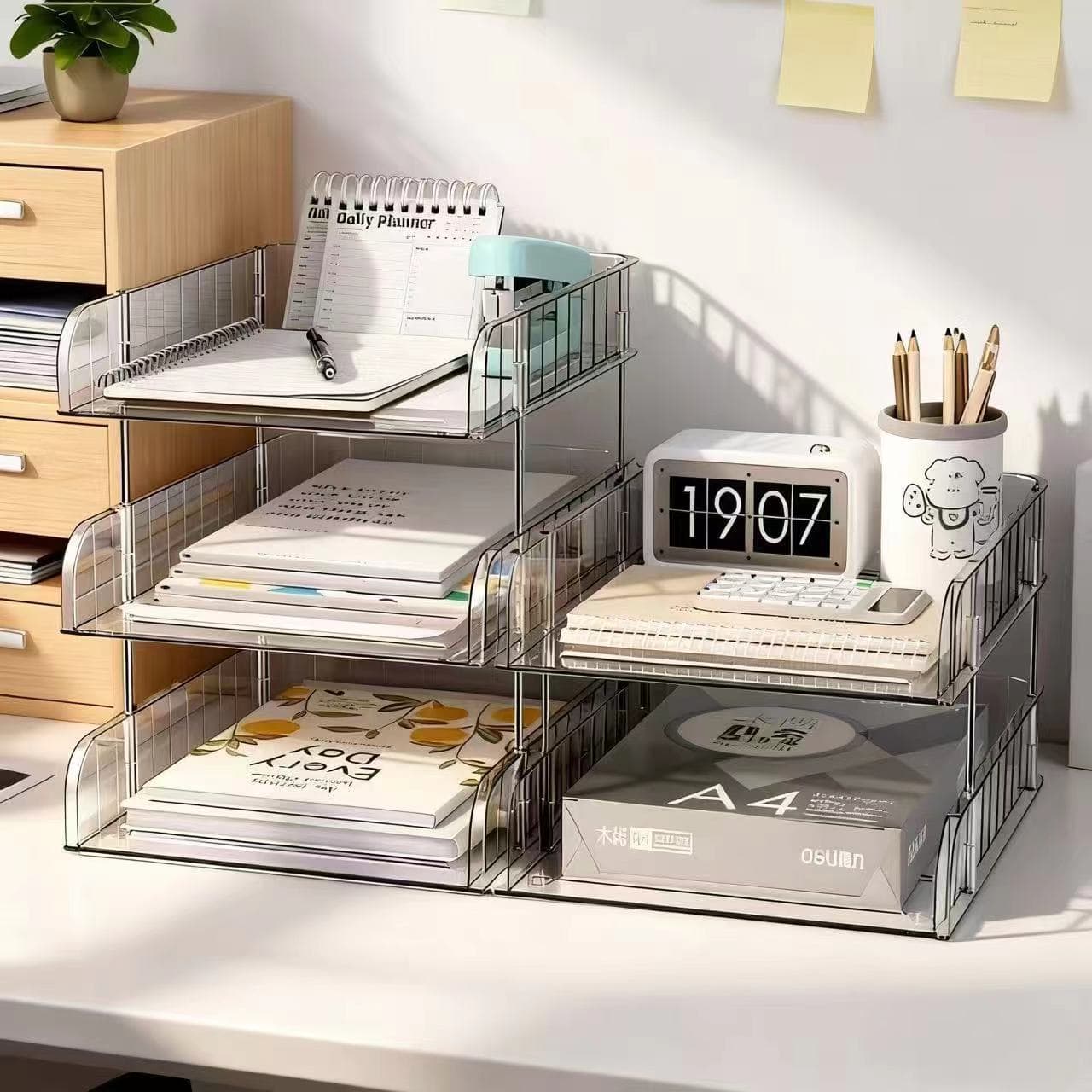 Desktop File Organizer Transparent Plastic File Cabinet Acrylic Bookend Large Capacity Office Supplies Storage Box