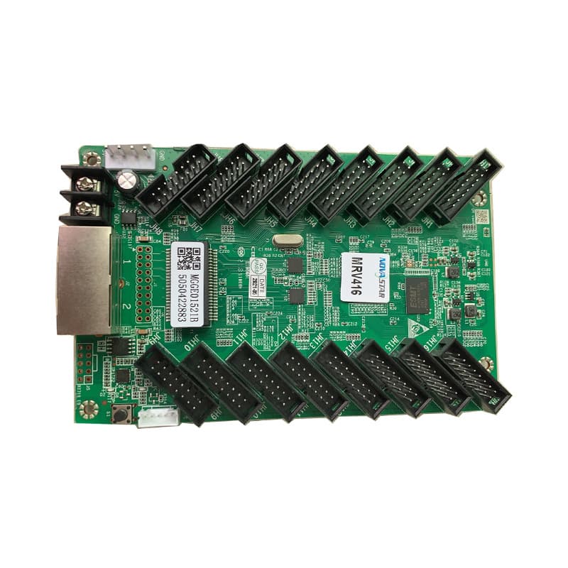 Nova MRV416 receiver card with 16 75E interfaces for full-color LED displays, supports brightness calibration and 3D functions.