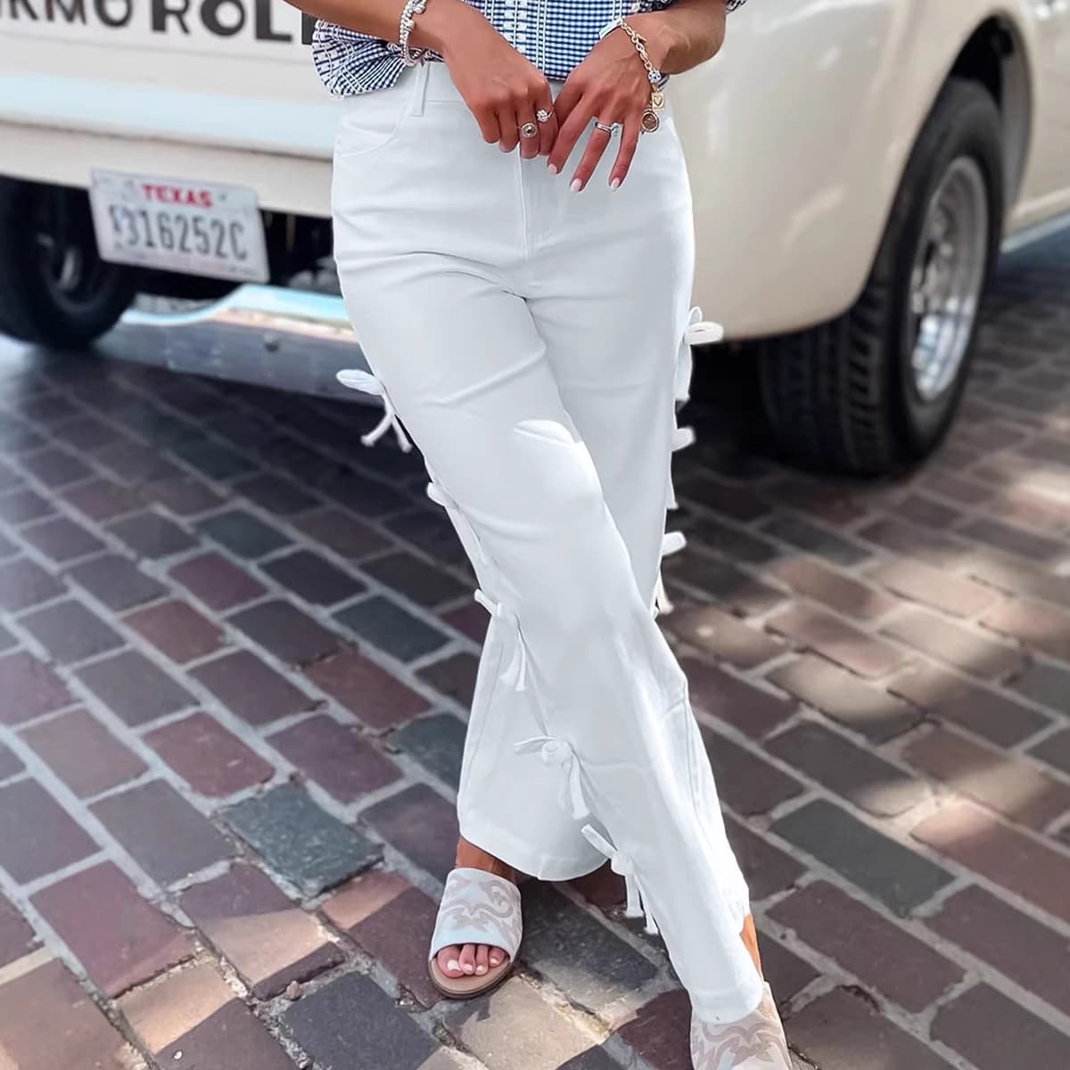 2025 Autumn New Solid Color Straight Pants Women's European and American Fashion Sweet Style Bow Tie Lace Jeans Women's Cotton
