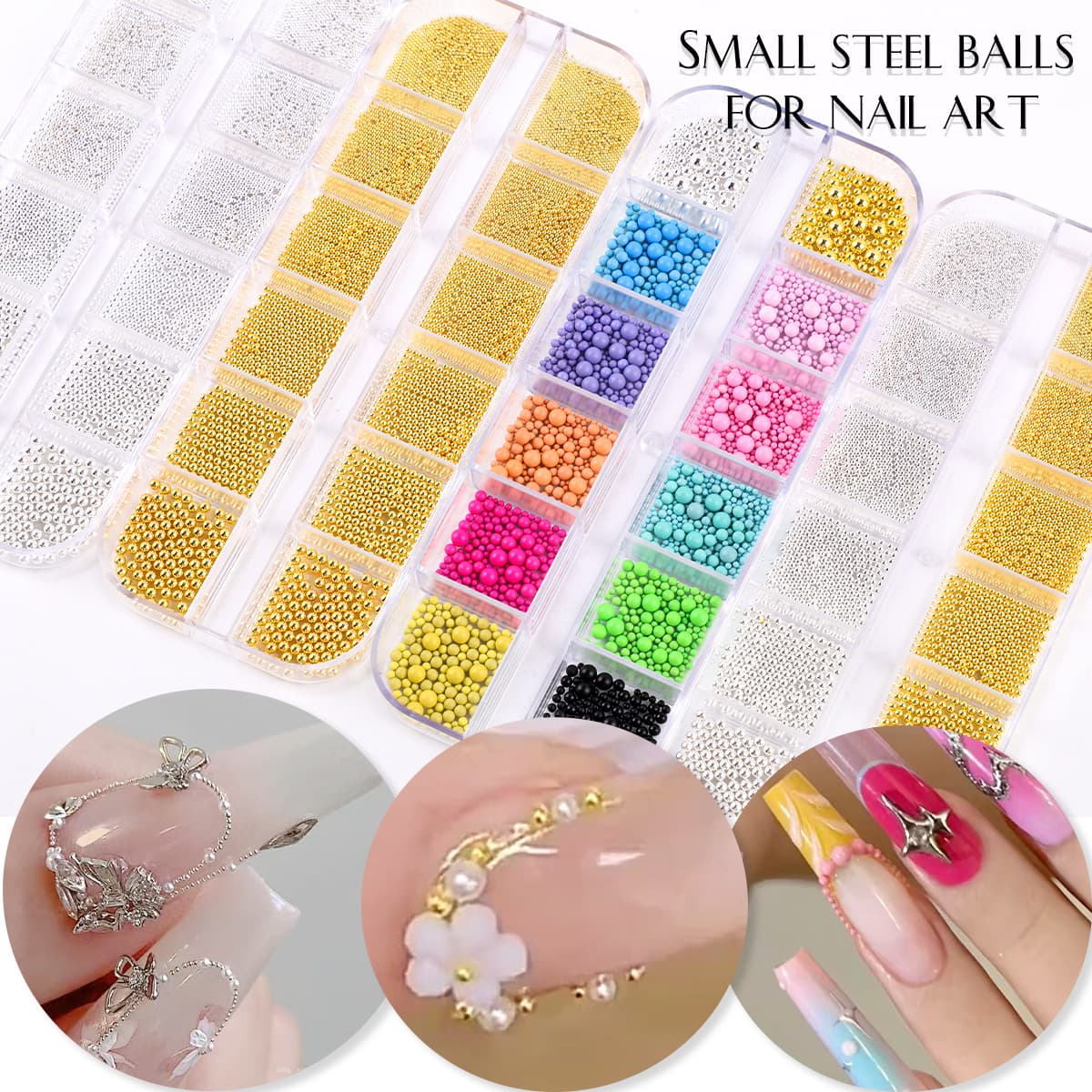 Cross-border new nail art accessories Macaron color steel beads mixed size metal non-porous round candy color steel beads