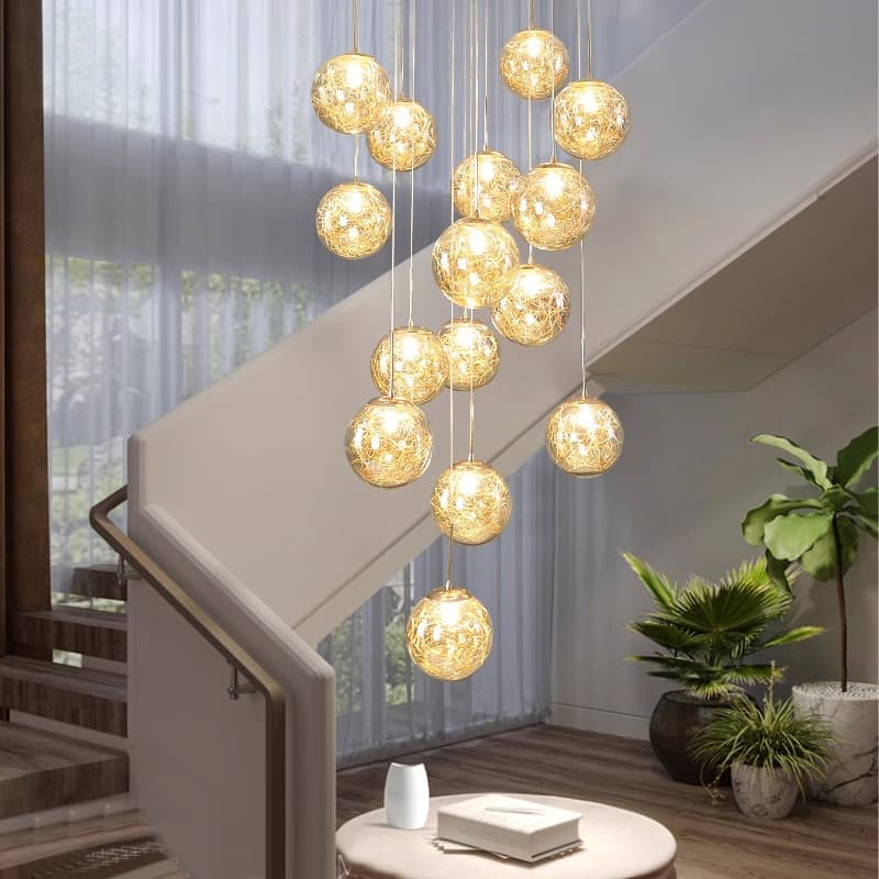 Staircase Chandelier for Duplex Apartment Living Room Dining Room Glass Round Ball New Chinese Style Villa Mid-air Staircase Long Chandelier