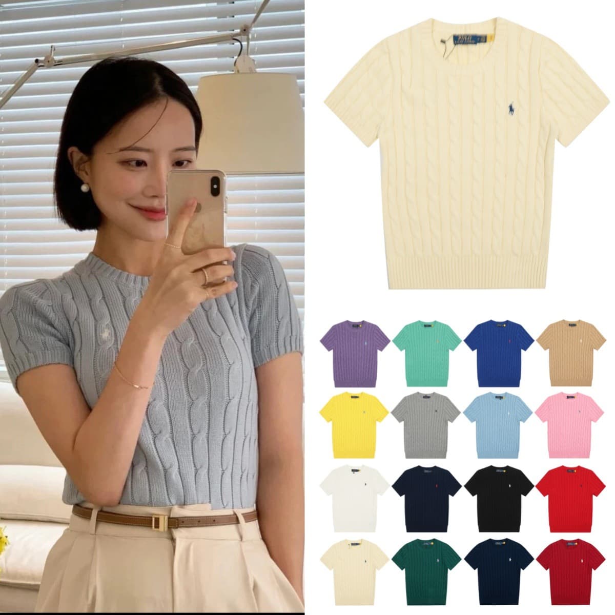 RL Ralph Lauren Pony Embroidery Cable Knit Polo Round Neck Short Sleeve Women's Knit Top Pure Cotton Fresh and Sweet