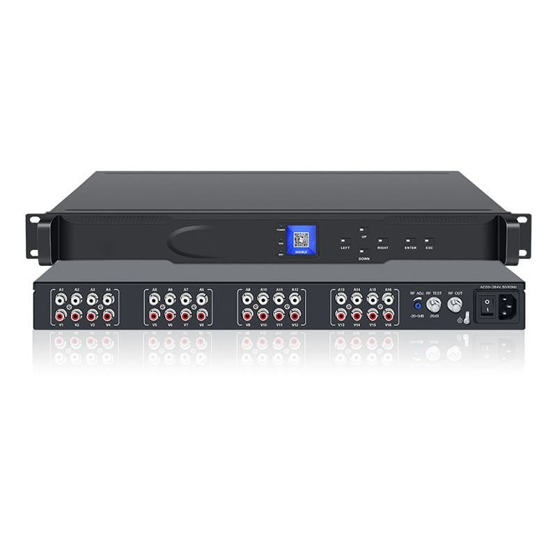 16-channel AV to analog frequency agile modulator for CATV cable TV headend, digital to analog RF converter for hotels