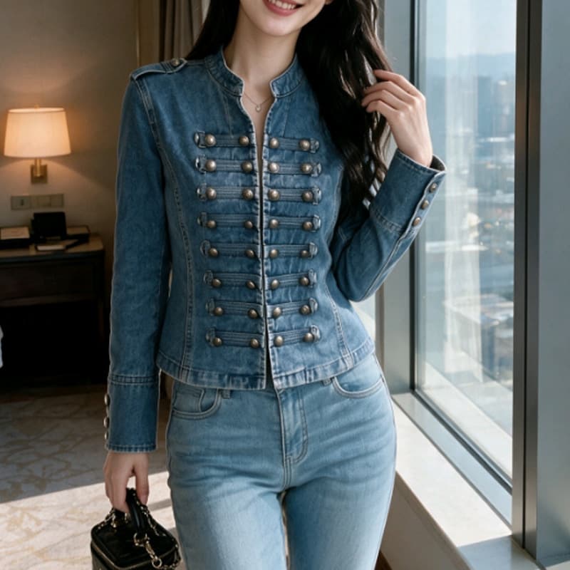 2026 Autumn New French Vintage Metal Bone Button Strap Washed Denim Jacket Retro Style