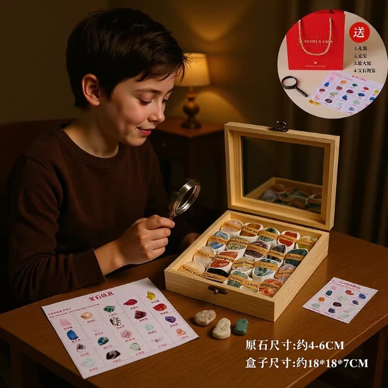 Natural crystal raw stone wishing bottle ore specimen set box agate jade colored gemstone children's popular science ornaments