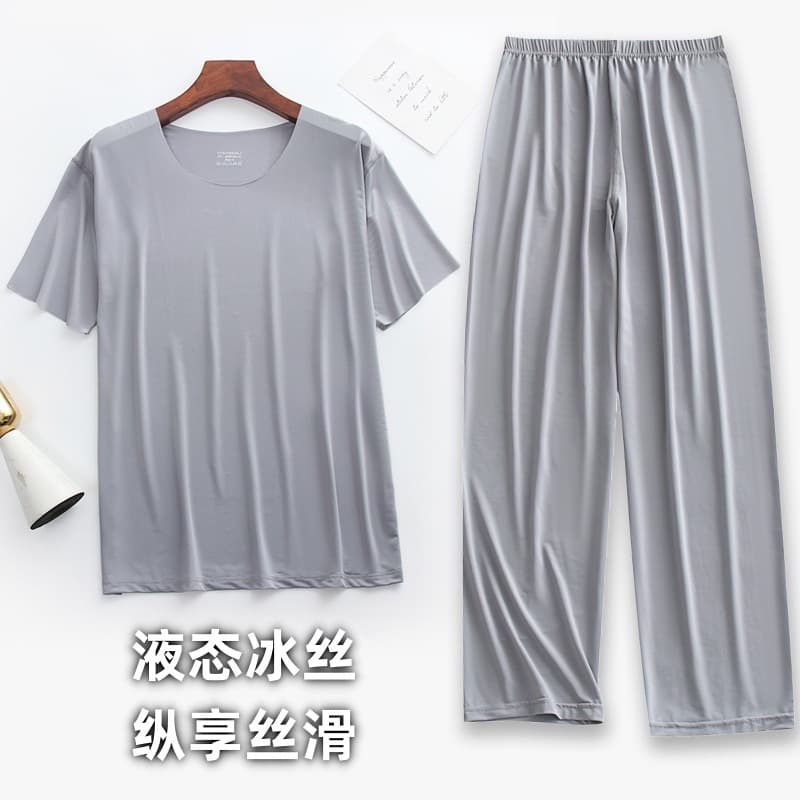 Liquid Ice Silk [T-Shirt + Long Pants] Summer Thin Homewear Set Sleepwear Short Sleeve 9/10 Length Pants