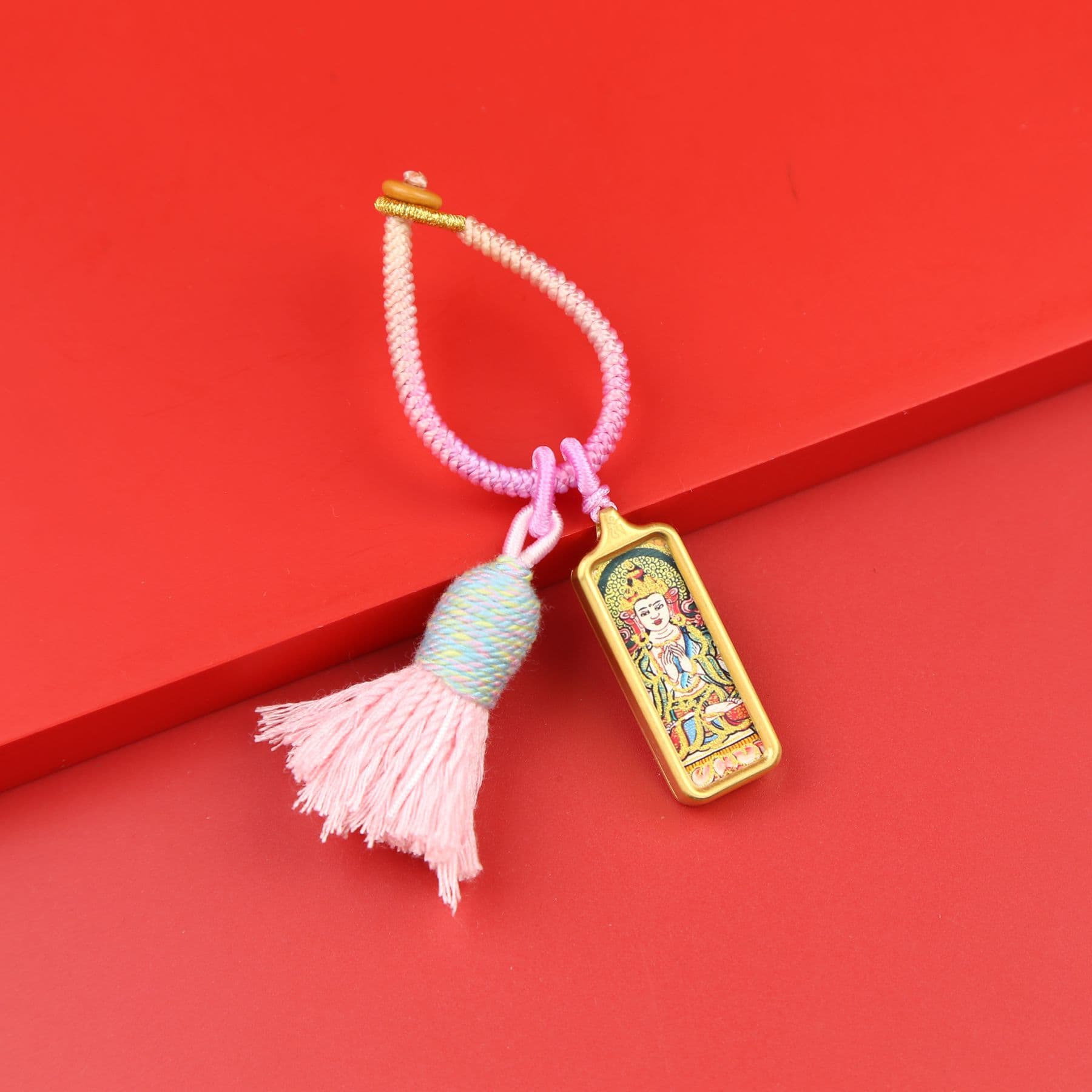 Tibetan-style Hand-painted Gold-trimmed Titanium Steel Small Thangka Pendant, Yellow Jambhala, Green Tara, or Zhaxi Lhamo Keychain Bag Charm