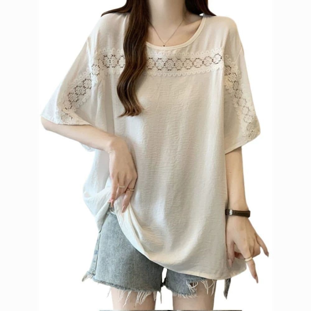Plus Size 300lbs Lace Hollow Short Sleeve Chiffon Blouse Women Summer Loose Fit Cover Belly Casual T-Shirt Top