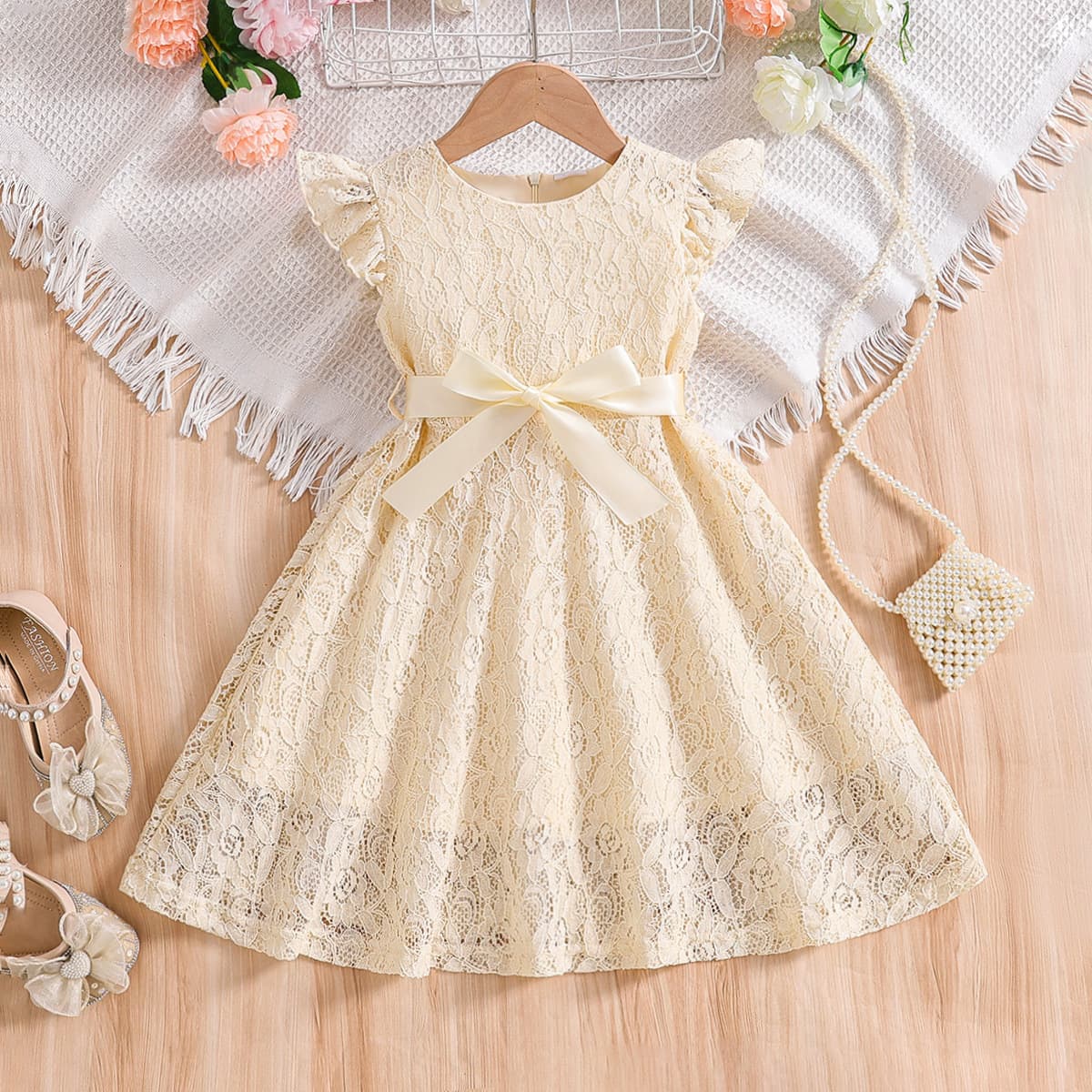 Amazon Cross-Border Children's Clothing Wholesale Girls Elegant Solid Lace Dress Piano Wedding Performance with Belt