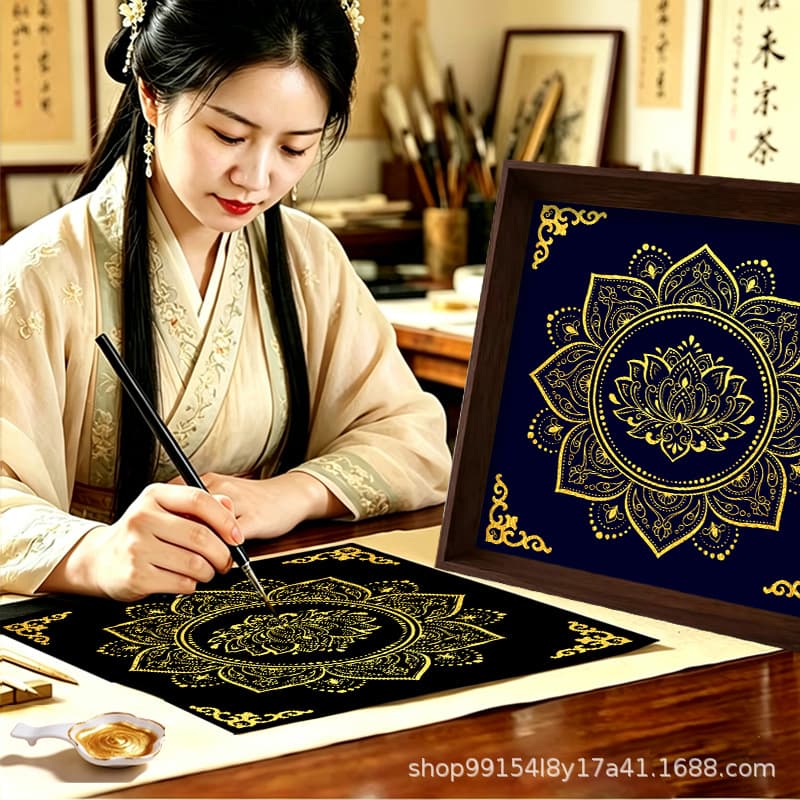 Six-Character Thangka DIY Hand-Painted Gold Tracing Line Art Tabletop Decorative Painting, Adult Stress-Relief Digital Oil Painting for Relaxation and Mindfulness