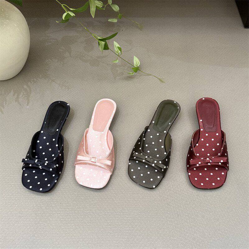 Women's Summer Slippers, French Polka Dot White Bow, One-Strap Sandals, Low Heel Slippers, 2026