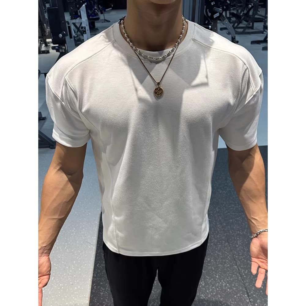 Spring/Summer Heavyweight Casual Versatile Trendy T-Shirt with Body-Fitting Design, High-Stretch Wrinkle-Resistant Ice-Feel Short Sleeve Men's Streetwear