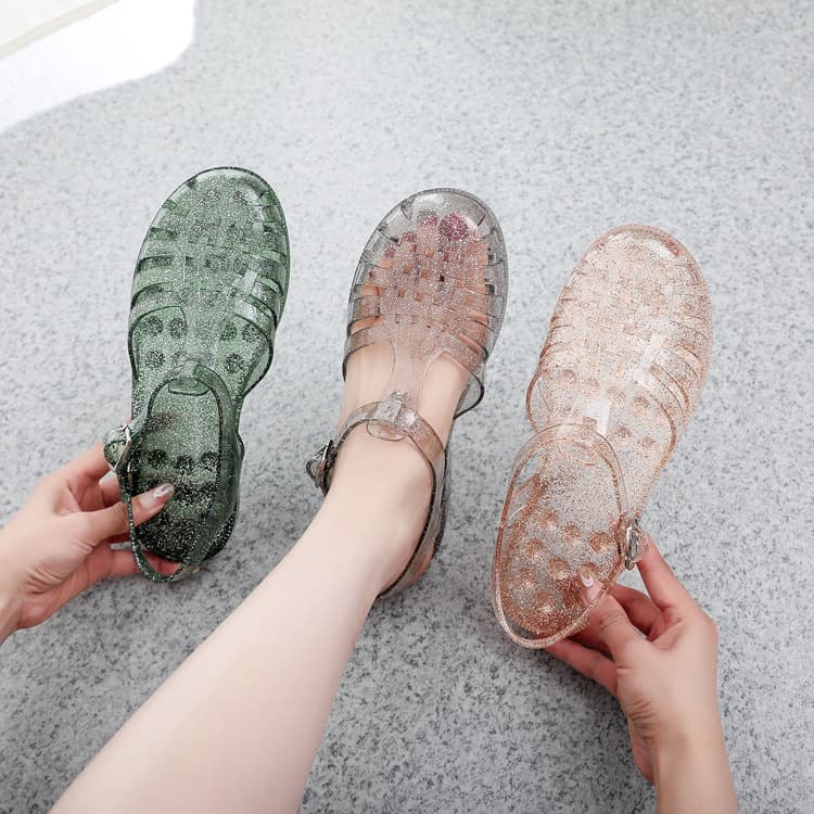 Korean Style Anti-slip Beach Shoes Sparkling Crystal Jelly Shoes Closed Toe Shoes Hollowed-out Sandals Women's Casual Shoes Factory Wholesale