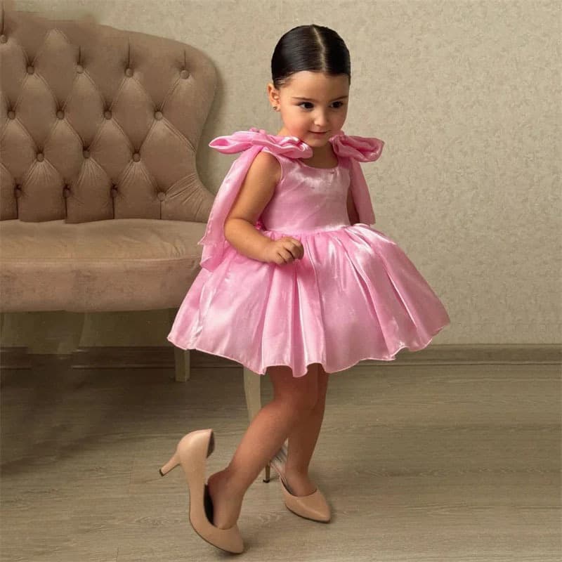 New Girls' Formal Dress Bow Tie Satin Princess Dress Flower Girl Pink Casual Birthday Sweet Little Girl Party Dress