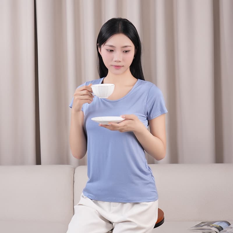 Modal Short Sleeve T-Shirt with Built-in Bra for Yoga, Loungewear, Sleepwear, Women's Half Sleeve Camisole with Padded Cups