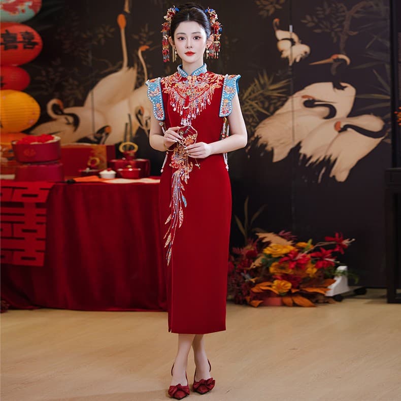 New Chinese style velvet sleeveless cheongsam Xiuhe wedding dress 2025 new engagement dress bride wedding dress female toasting dress