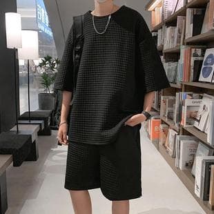Waffle Knit Sport Set for Men Stylish Short Sleeve T-Shirt Streetwear Ins Summer Heavyweight
