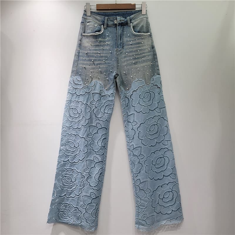 2025 Summer New Heavyweight Rope-Dyed Peony Pattern Beaded High-Waist Slimming Fitted Wide-Leg Jeans for Women