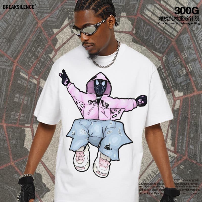 2025 Cross-Border American Anime Character Cartoon 300G Combed Pure Cotton Heavyweight Men's Short Sleeve Trendy Couple T-Shirt