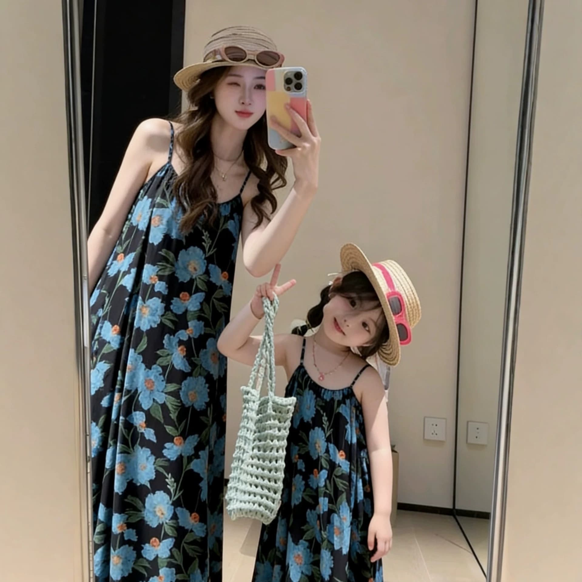 Summer Beach Vacation Family Matching Outfits: French Floral Shirt Dress for Mother and Daughter, Casual Dress for Beach