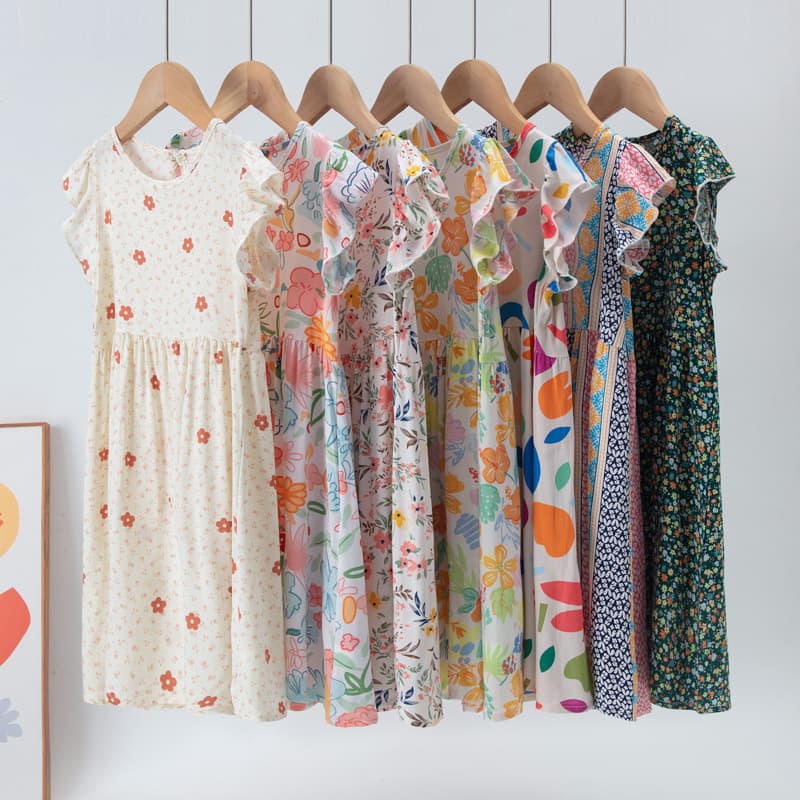 Girls Summer Floral Print Sleeveless Dress Princess Style Children's Skirt Cotton Silk Fabric A-Class Safety Cartoon Pattern