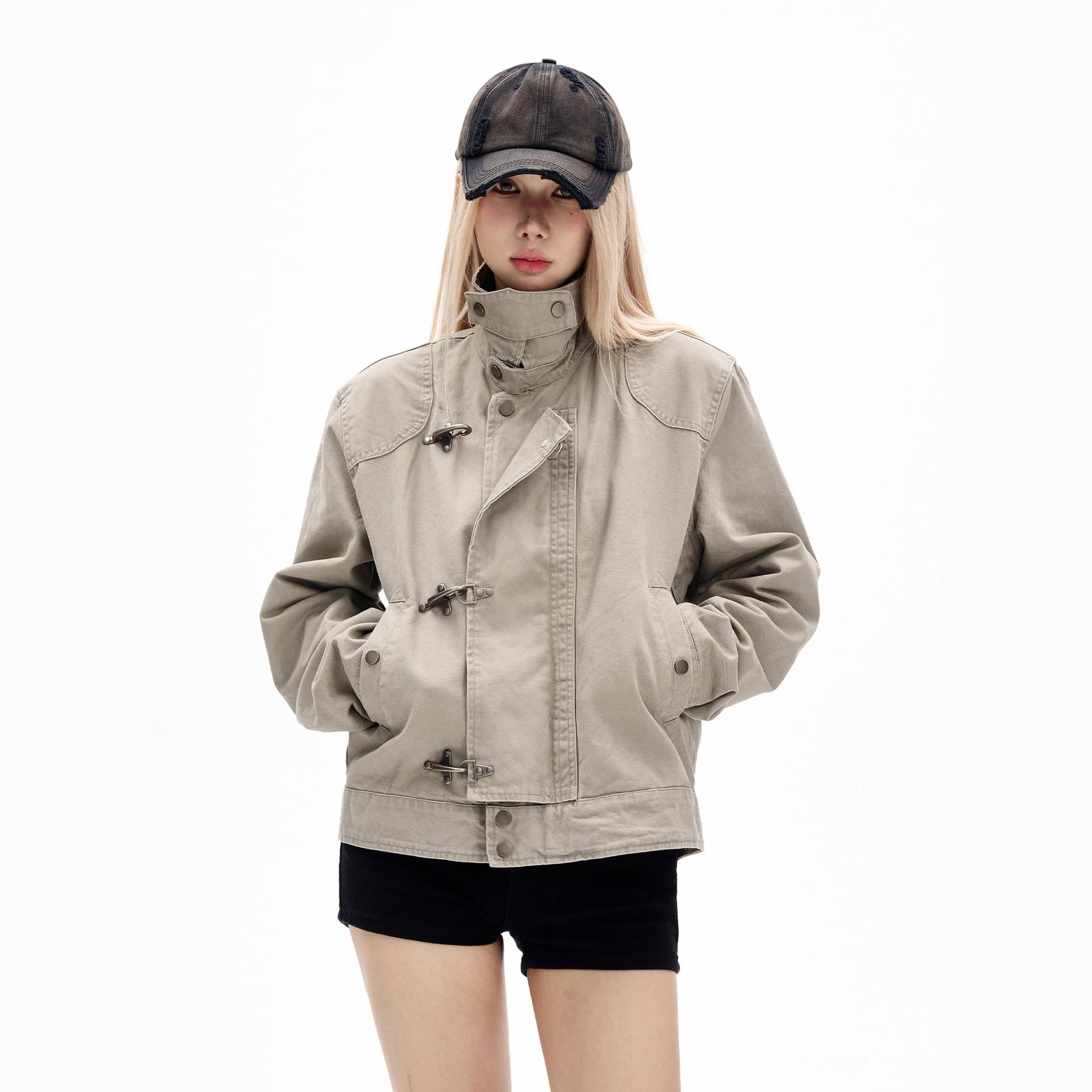 American High Street Distressed Airplane Button Lapel Jacket for Women Autumn and Winter New Style Handsome High-End Couple Work Jacket Trendy