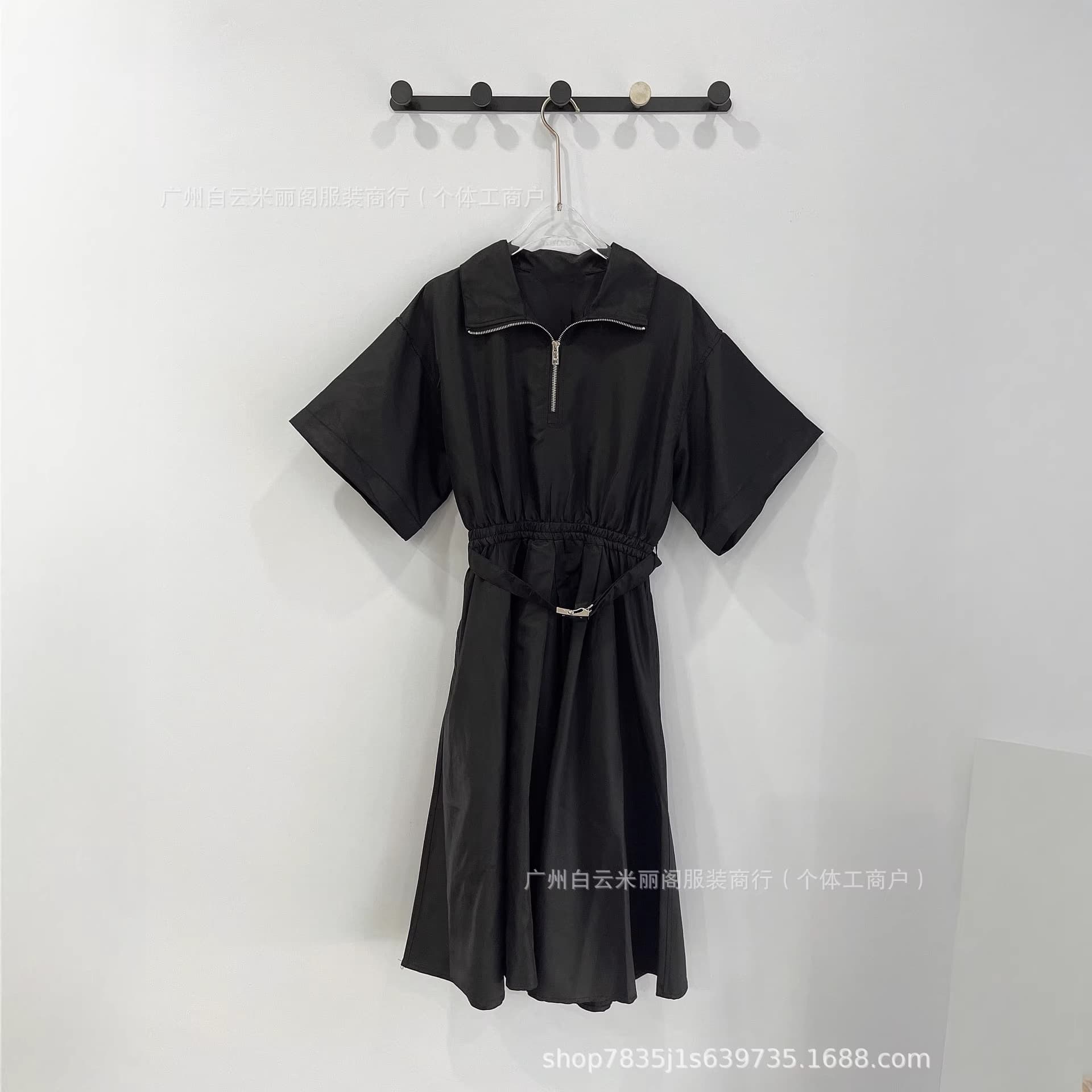 Shenzhen Nanyou High Version Triangle Label Black Waist Dress Women Short Sleeve Shirt Dress Slimming Elegant Long Dress