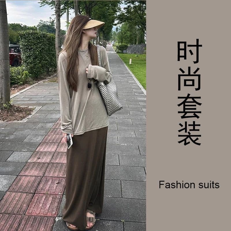 Women's Suit Spring and Summer New Versatile Long Sleeve Loose Sun Protection T-Shirt + High-Waist Midi Skirt Two-Piece Set