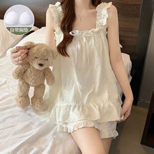 Summer New Style Camisole Pajamas Women Sweet Cloud Cotton with Built-in Pads Loose Wearable Out Home Loungewear Women Vest Set