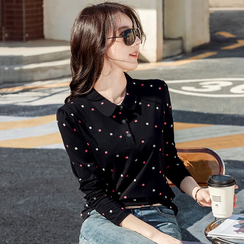 2025 Spring New Full Body Print Long Sleeve Collar Polo Shirt, Korean Style Slim Fit Cotton Comfortable Elegant 2010-1