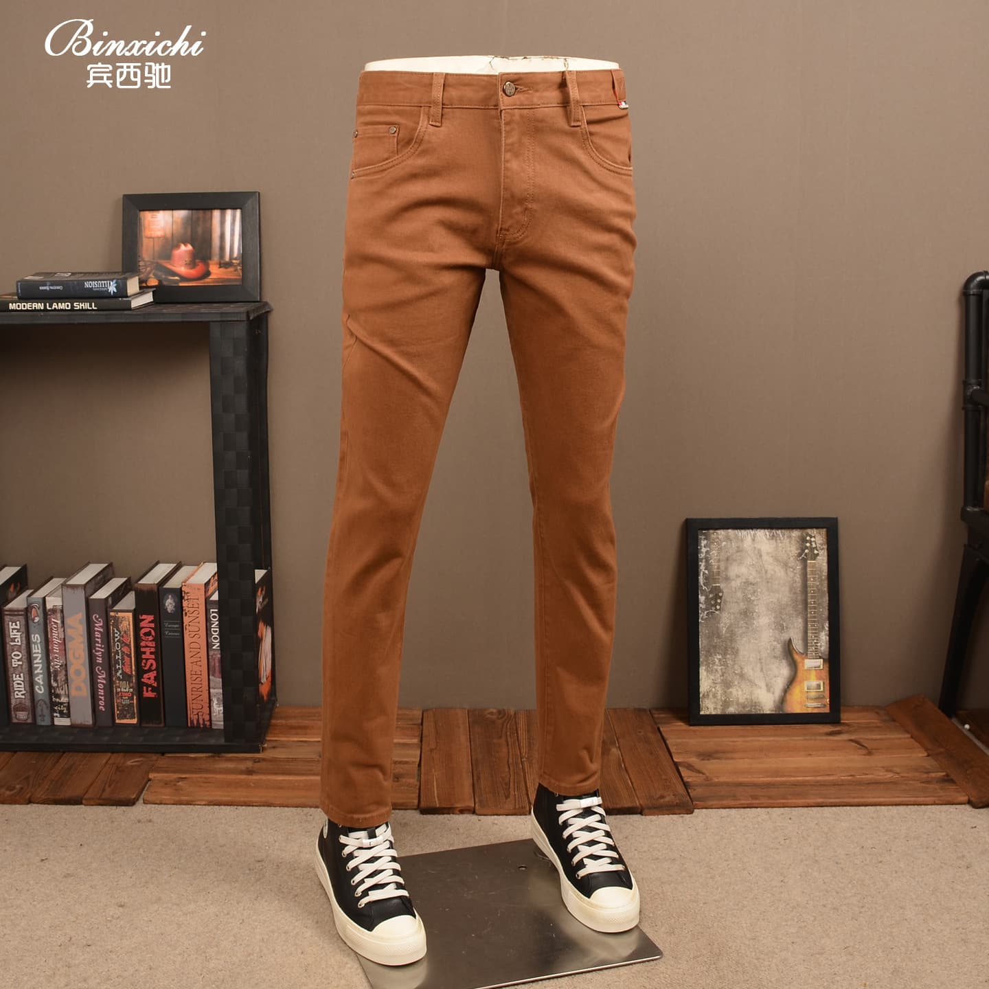 New Autumn Caramel Color Casual Jeans for Men Slim Fit Tapered Leg Stretchy High-End Trendy Versatile Casual Pants