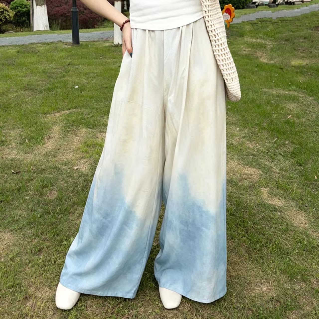 Summer New Cotton Silk Skirt Pants with Double Pockets for Women, Casual Slim-Fit Loose Breathable Rayon Wide-Leg Pants Casual Pants