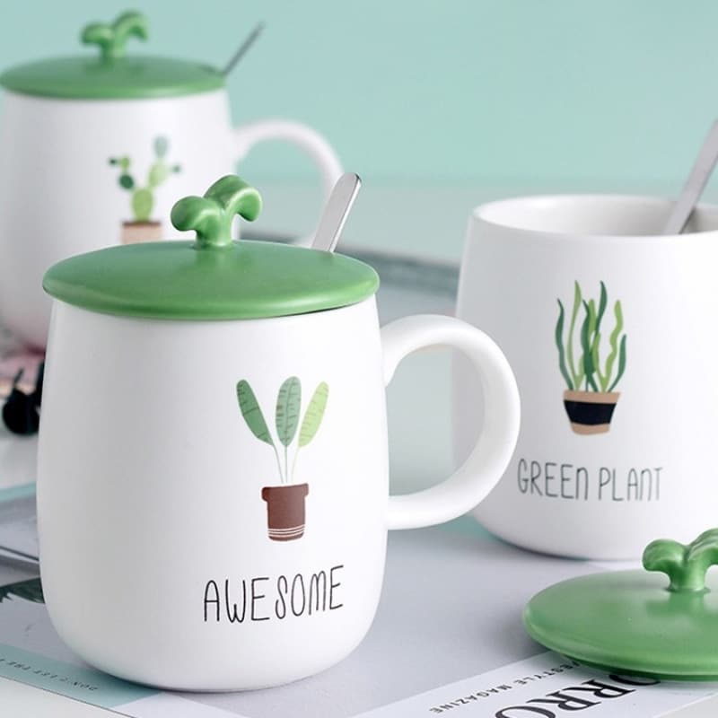 Trendy Large Capacity Cute Ceramic Mug for Men and Women, Home Use, with Lid and Spoon for Milk, Coffee, and Tea