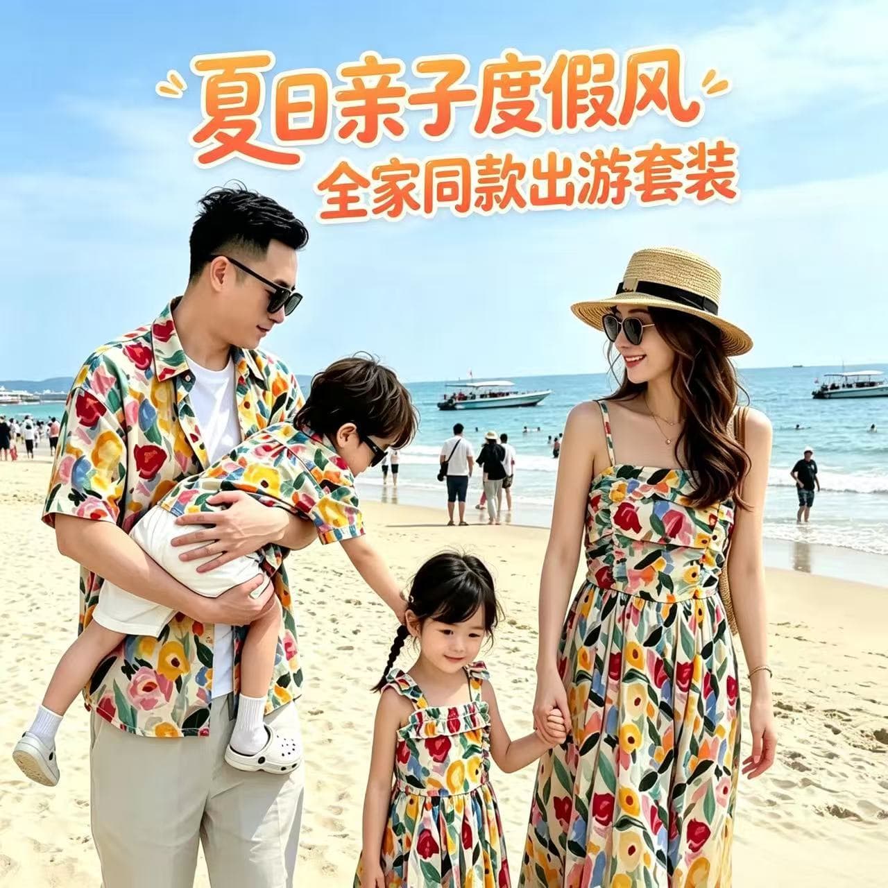 ins watercolor oil painting floral parent-child dress, a family of three and four seaside travel vacation mother-child floral shirt