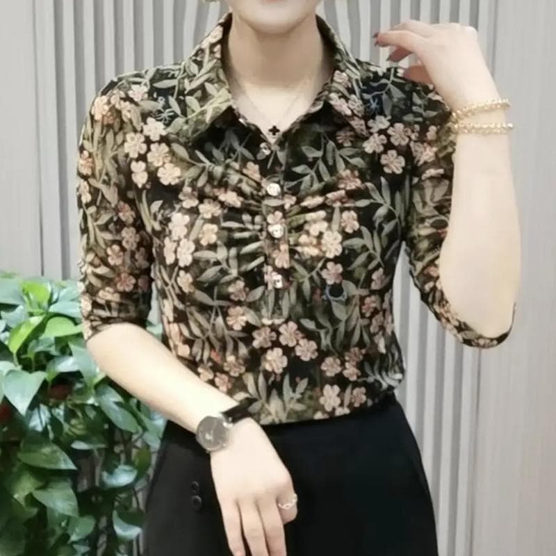 Women's Short-Sleeve T-Shirt with Print, New Summer Polo Shirt for Moms, Mesh Top with Tummy Coverage, Outerwear Blouse