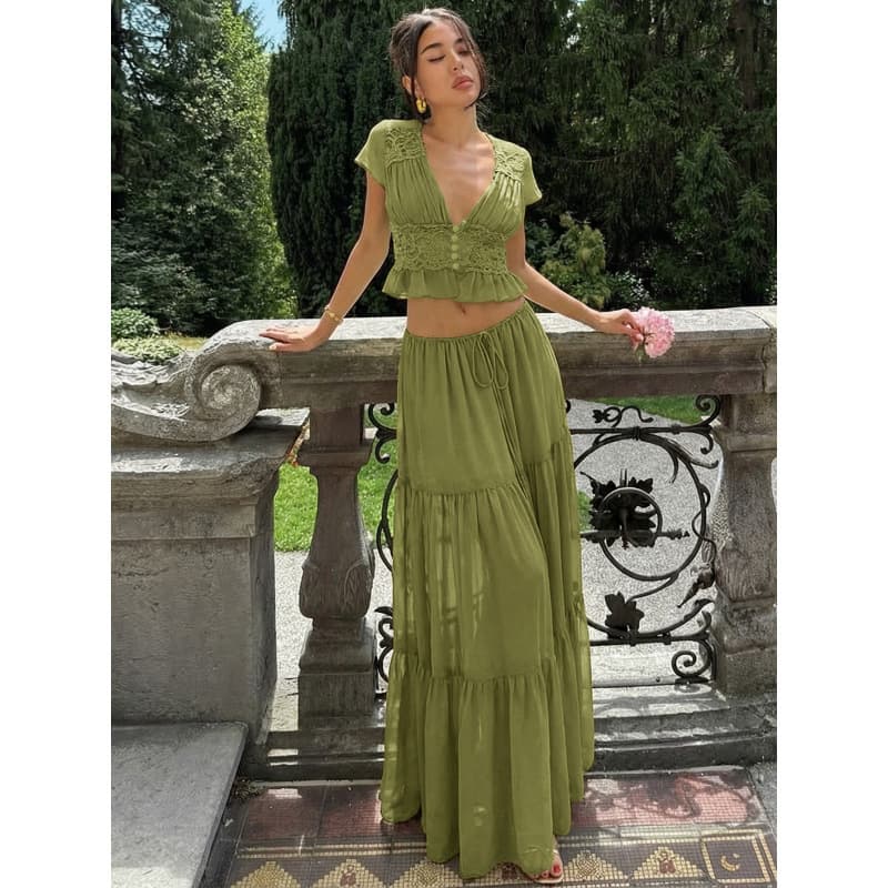 TIKTOK Bohemian Style Women's Set New Short Top + Long Skirt Two-Piece Vacation Beach Style