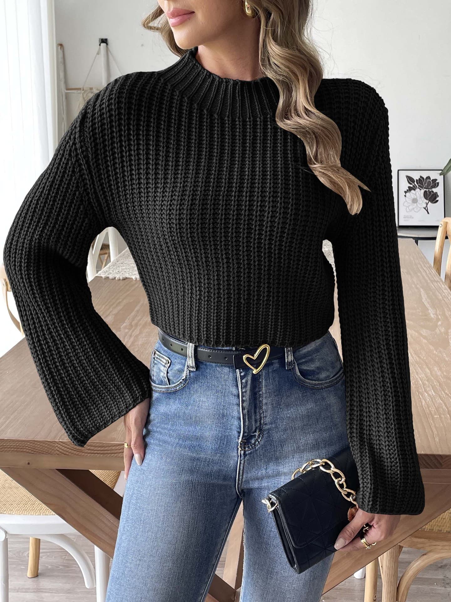 Women's Short Crop Top Knit Sweater Cross-Border European and American New Fall Winter Flared Sleeve Mock Neck Pullover