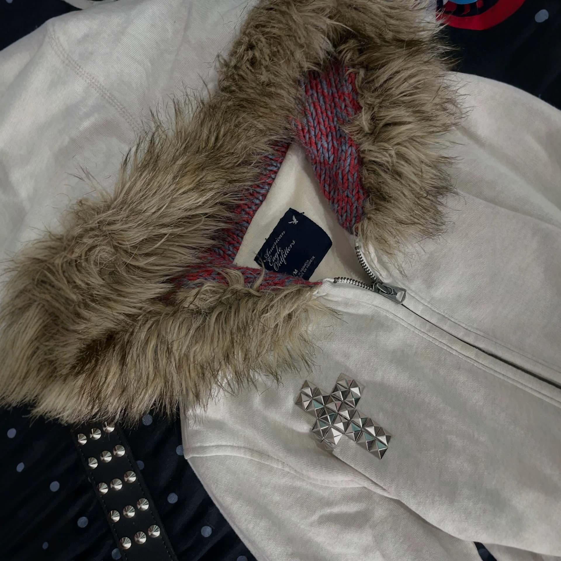 Y2K Millennium Punk Large Faux Fur Collar Cardigan, Metal Studs, Cross Patch, Slim Fit Hooded Sweatshirt