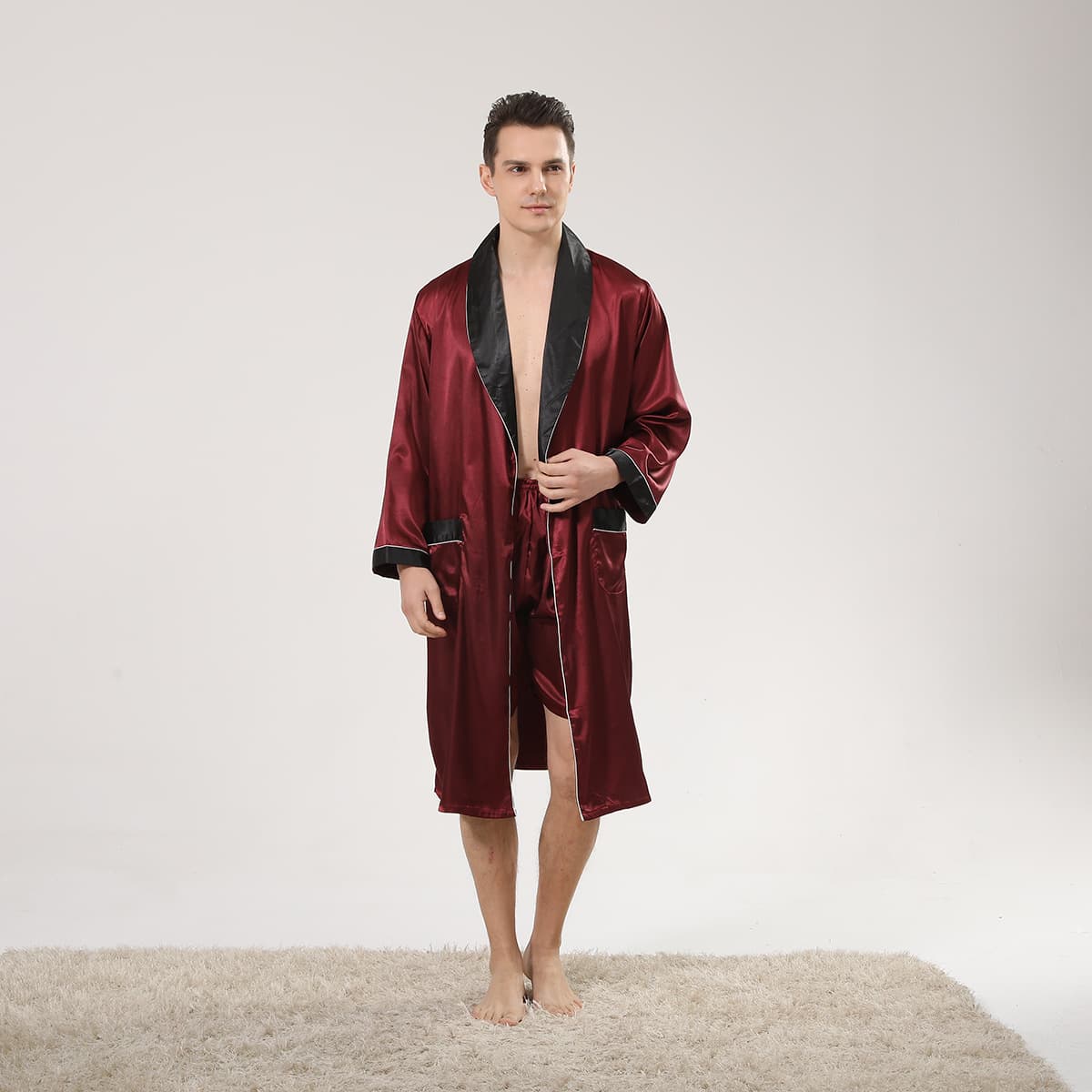 Cross-border US Size Men's Silk Robe and Shorts Two-Piece Set, Thin Long-Sleeve Pajamas, Plus Size Bathrobe, Breathable and Lightweight