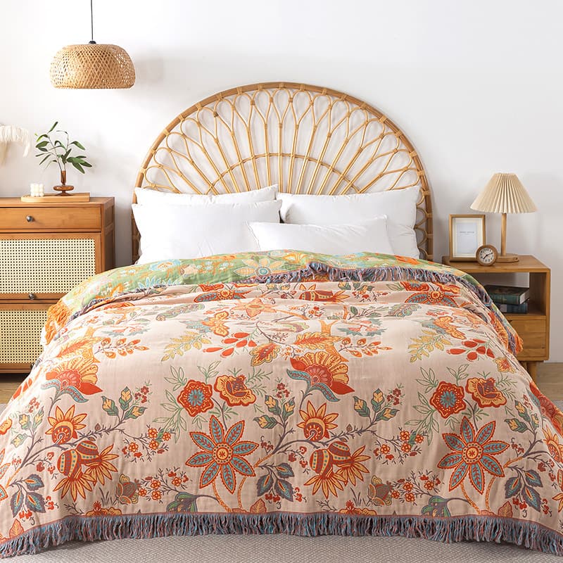 Cross-border hot sale export Amazon European floral pattern pure cotton fringe cover blanket double-sided usable sofa towel blanket