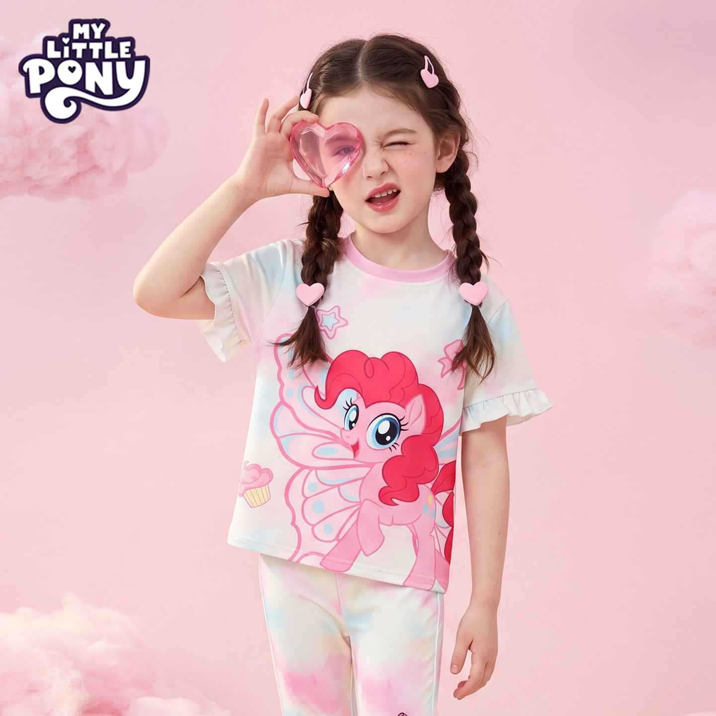 My Little Pony Girls Tie Dye Short Sleeve T-Shirt 2026 Summer Thin Gradient Ruffle Sleeve Top Dopamine Children's Clothing