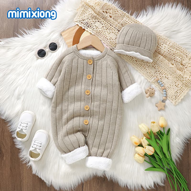 INS Hot Sale Autumn Winter Newborn Baby Boys Girls Knitted Vertical Stripe Fleece Lined Thickened Romper + Hat Set