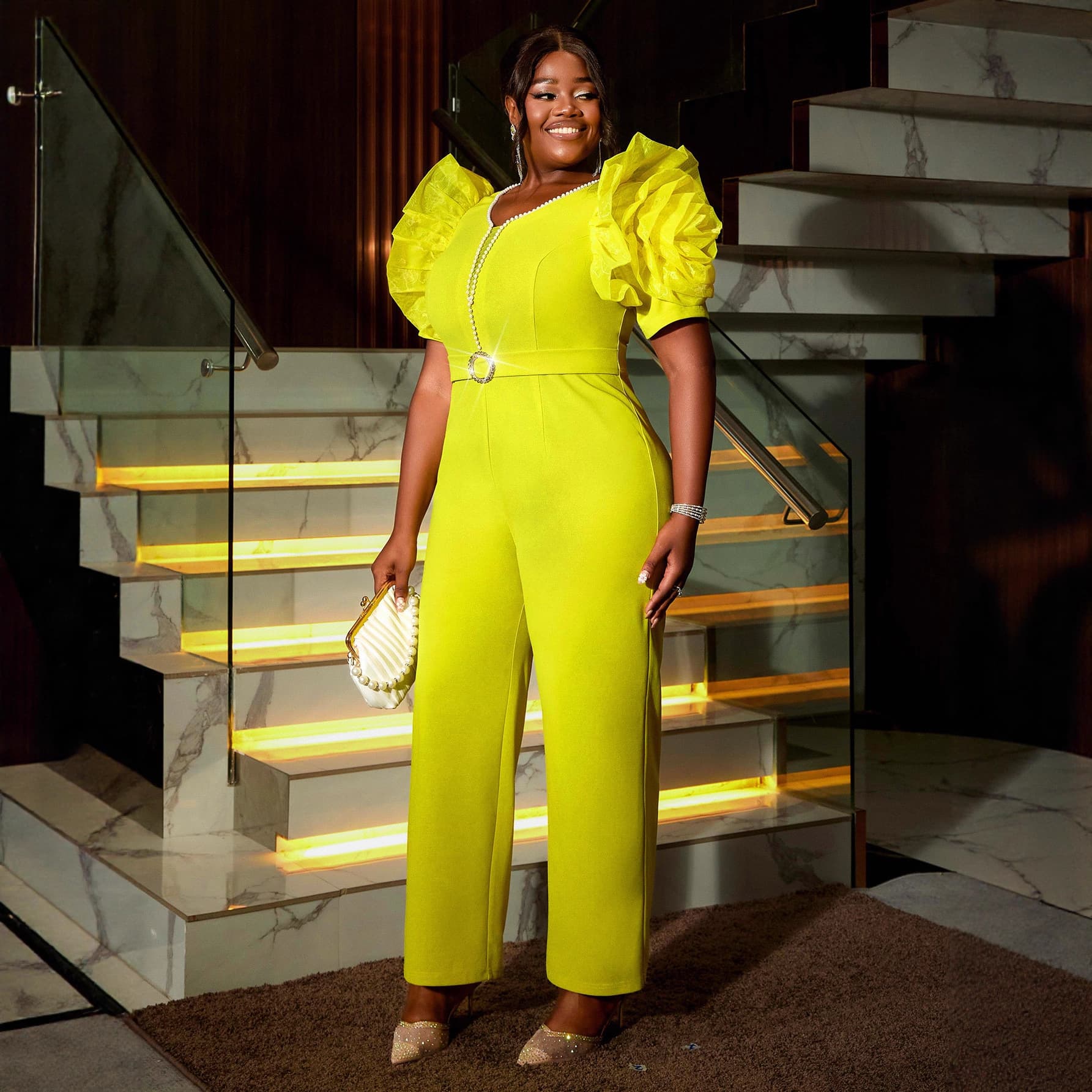 Plus Size Women's Ruffle Jumpsuit with Pearl Accent Waist, Elegant Wide-Leg Jumpsuit for Banquet