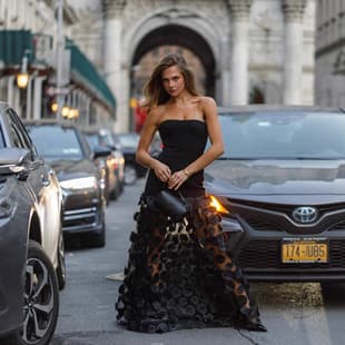 European and American Black Strapless 3D Floral Fishtail Dress Slim Fit Flared Skirt Evening Street Party Long Dress