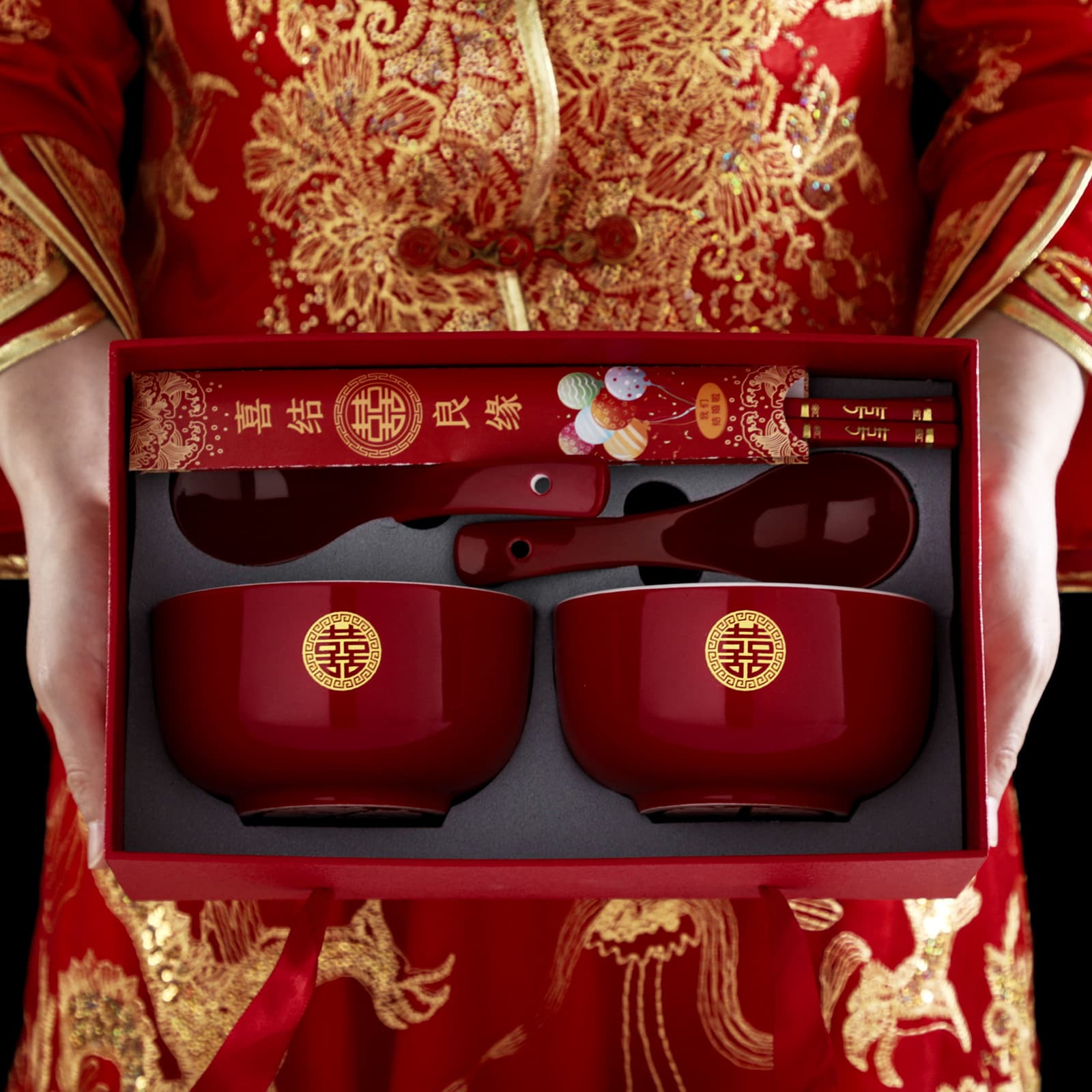 Complete wedding dowry set: 2 festive sweet soup bowls, 2 spoons, 2 chopsticks in wine-red carved ceramic, 6-piece collection.